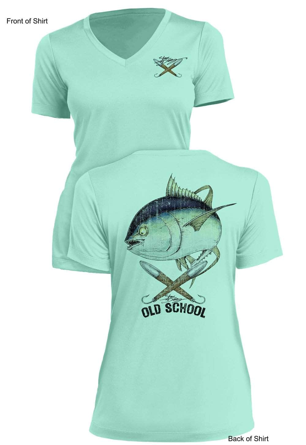Old School Tuna- Ladies Short Sleeve V-Neck-100% Polyester